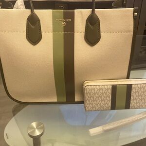 Michael Kors Cream/Green Tote and MK Signature Large Wallet.